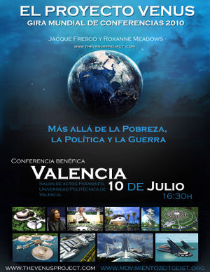 Cartel publicitario de la conferencia de Jacque Fresco en Valencia, en 2010.